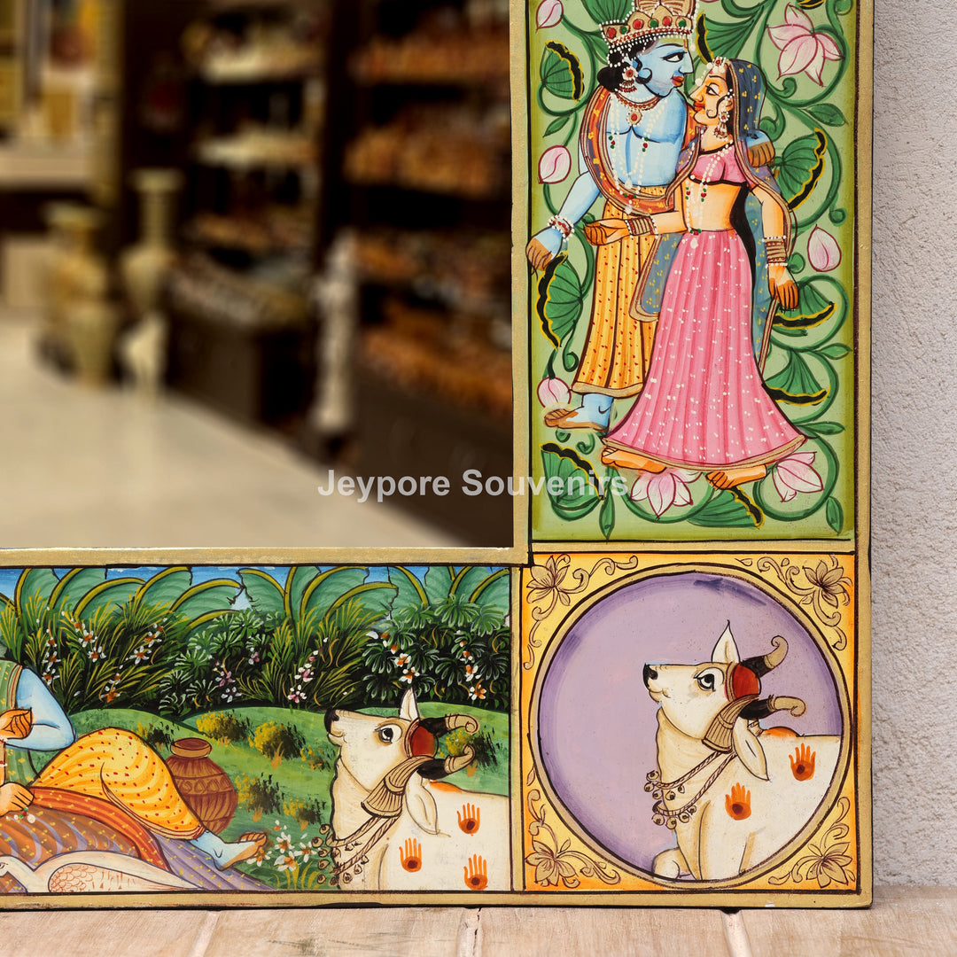Hand-Painted Radha Krishna Wooden Pichwai Jharokha Wall Mirror