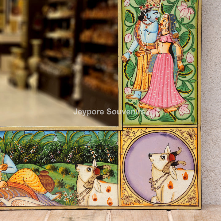 Hand-Painted Radha Krishna Wooden Pichwai Jharokha Wall Mirror
