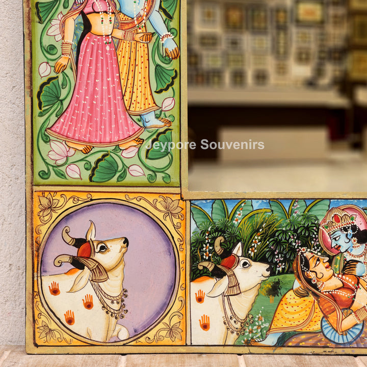 Hand-Painted Radha Krishna Wooden Pichwai Jharokha Wall Mirror