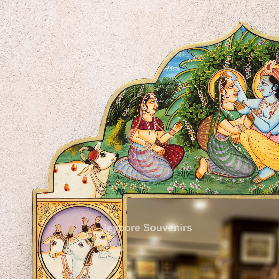 Hand-Painted Radha Krishna Wooden Pichwai Jharokha Wall Mirror