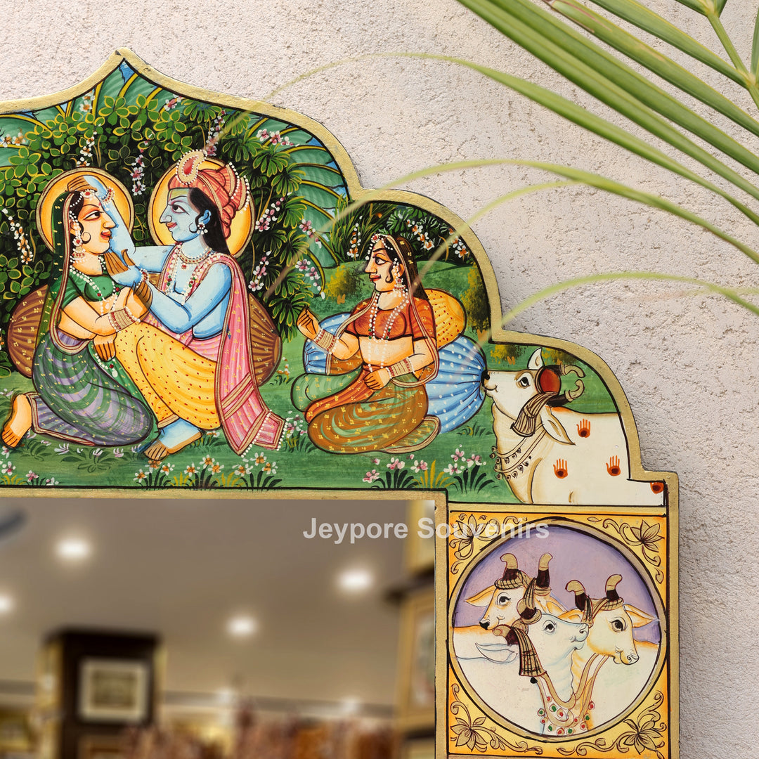 Hand-Painted Radha Krishna Wooden Pichwai Jharokha Wall Mirror