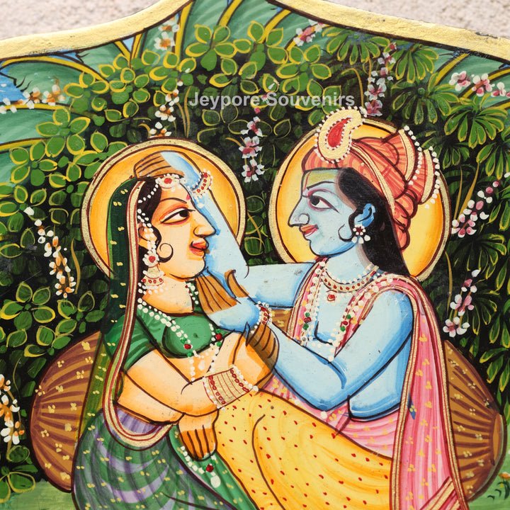 Hand-Painted Radha Krishna Wooden Pichwai Jharokha Wall Mirror