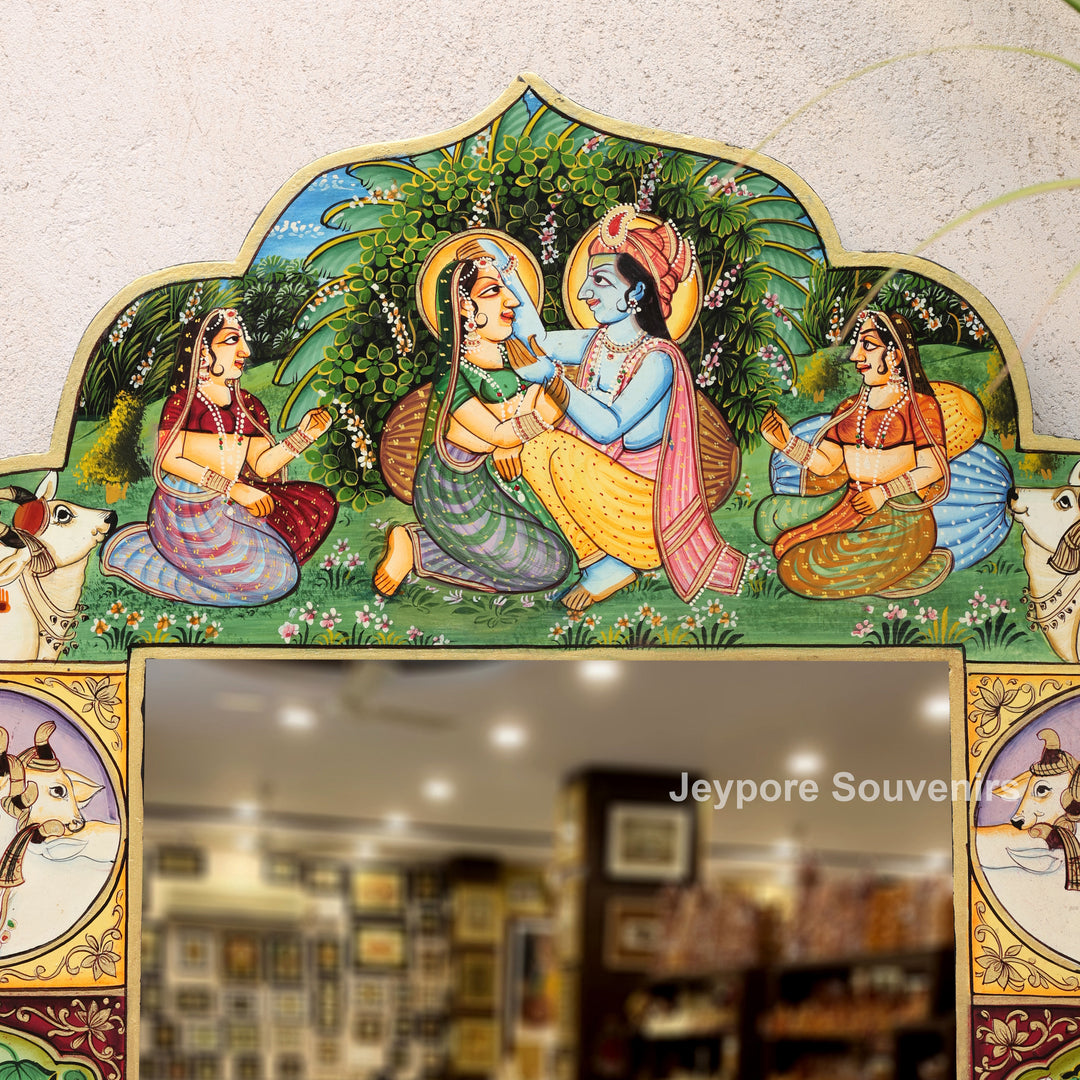 Hand-Painted Radha Krishna Wooden Pichwai Jharokha Wall Mirror