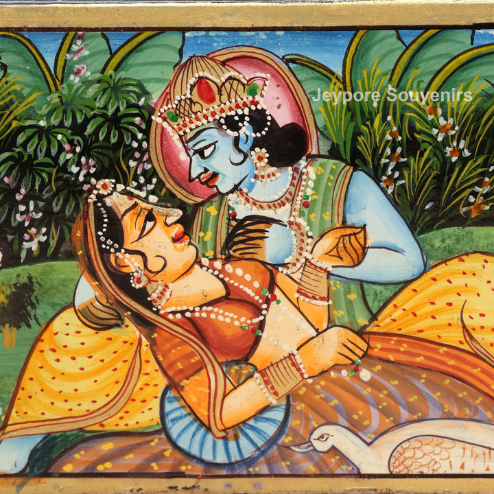 Hand-Painted Radha Krishna Wooden Pichwai Jharokha Wall Mirror