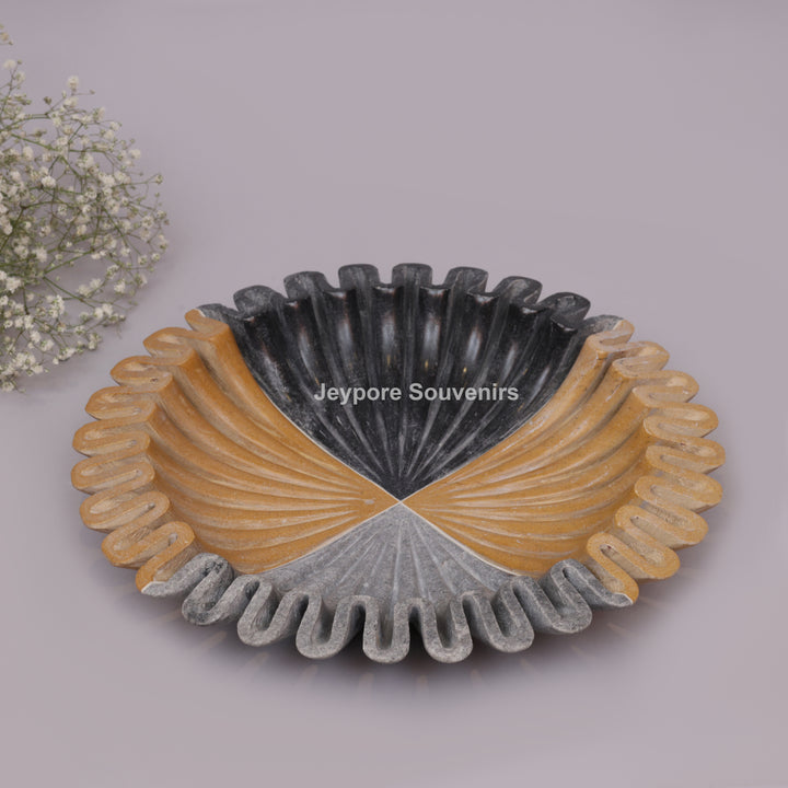Handcrafted Mustard &amp; Grey Ruffled Marble Decorative Bowl