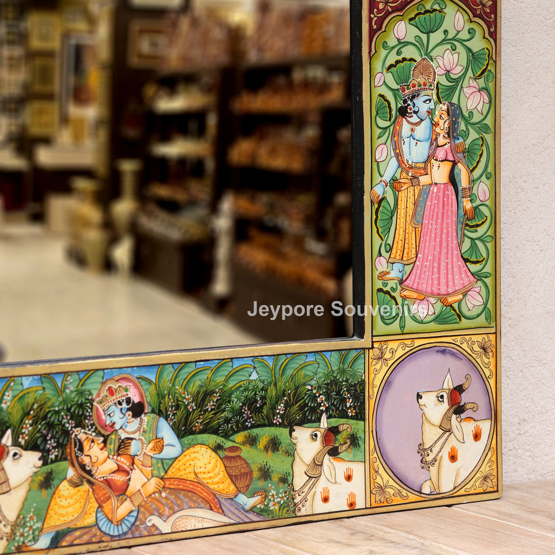 Hand-Painted Radha Krishna Wooden Pichwai Jharokha Wall Mirror