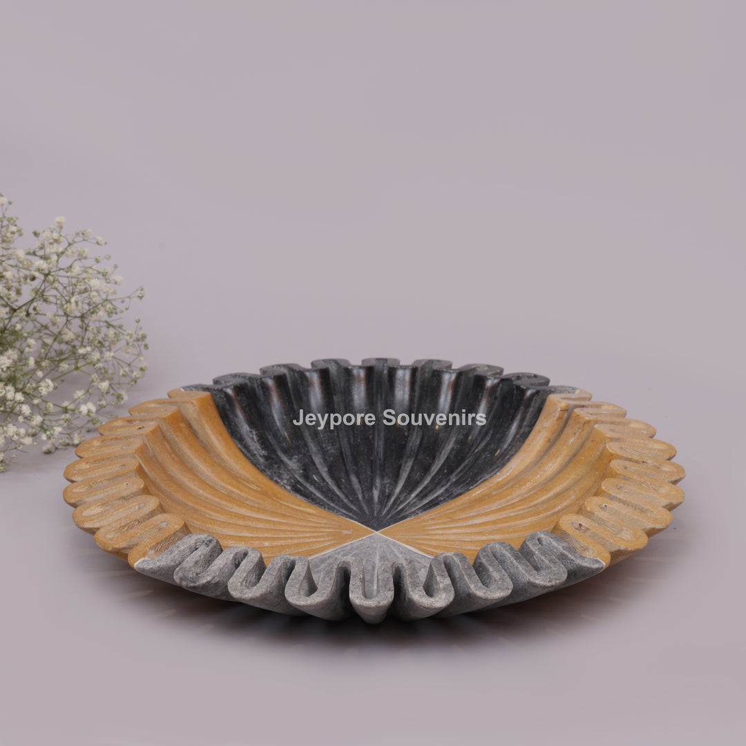 Handcrafted Mustard &amp; Grey Ruffled Marble Decorative Bowl