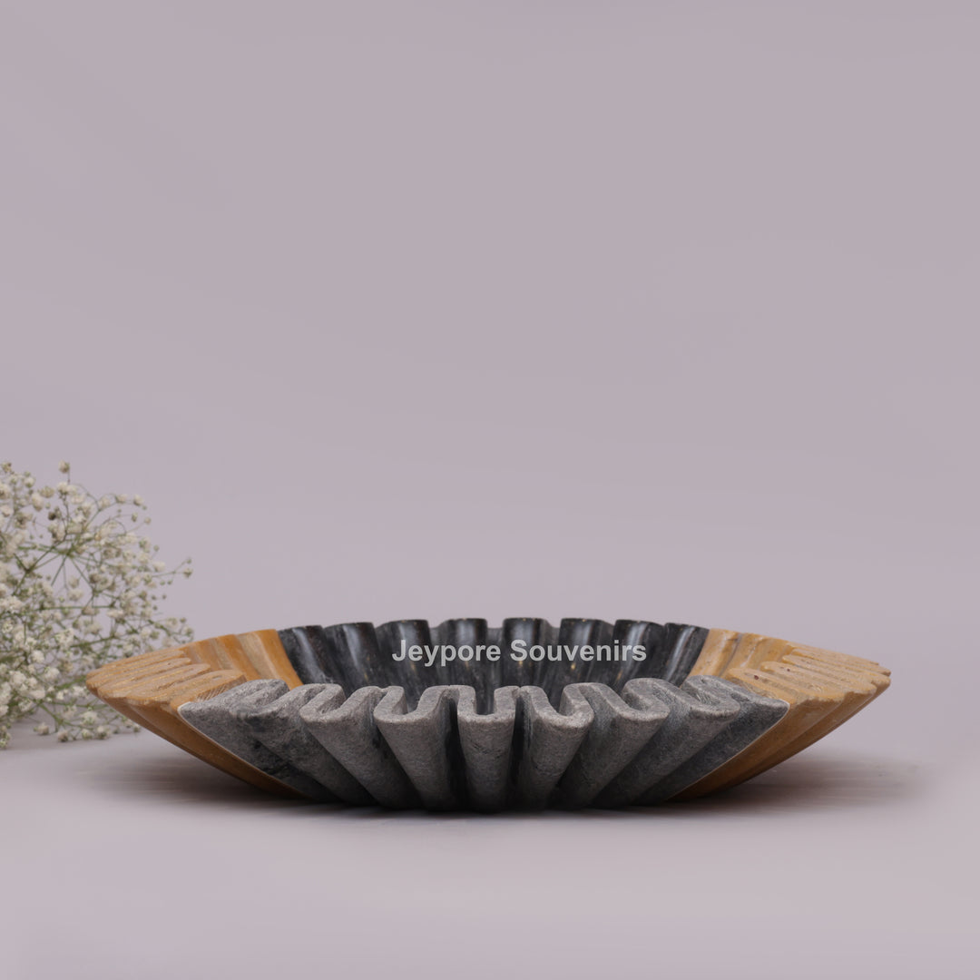 Handcrafted Mustard &amp; Grey Ruffled Marble Decorative Bowl