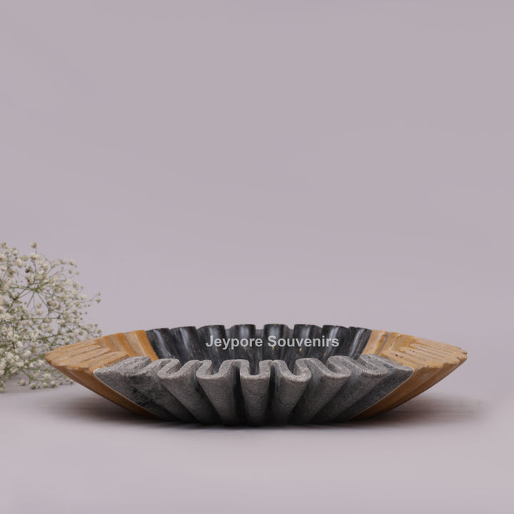 Handcrafted Mustard &amp; Grey Ruffled Marble Decorative Bowl