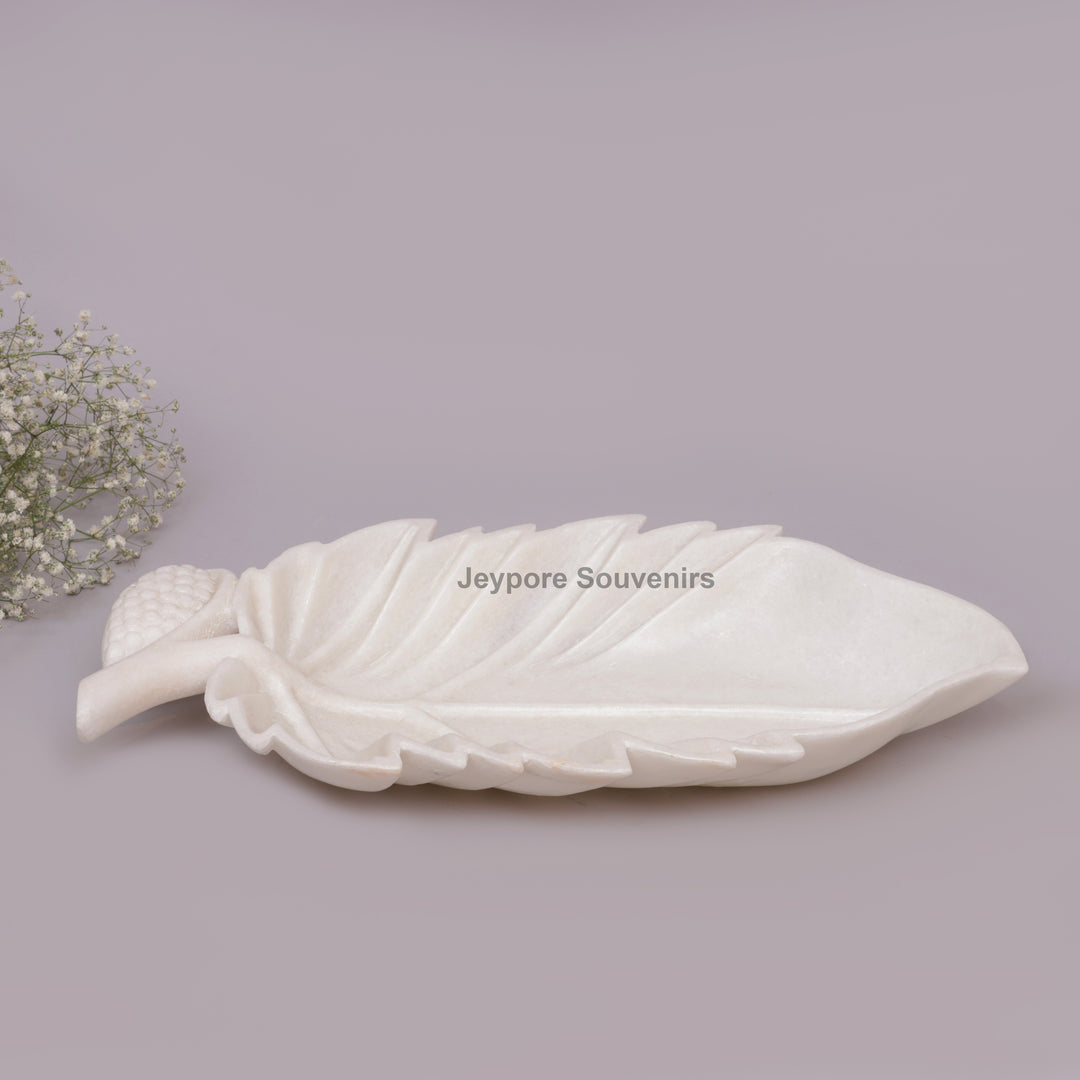 Handcrafted White Marble Leaf-Shaped Decorative Platter with Vein Carving