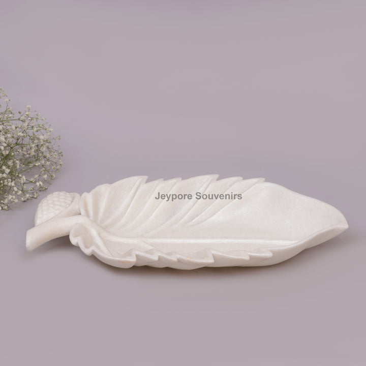 Handcrafted White Marble Leaf-Shaped Decorative Platter with Vein Carving