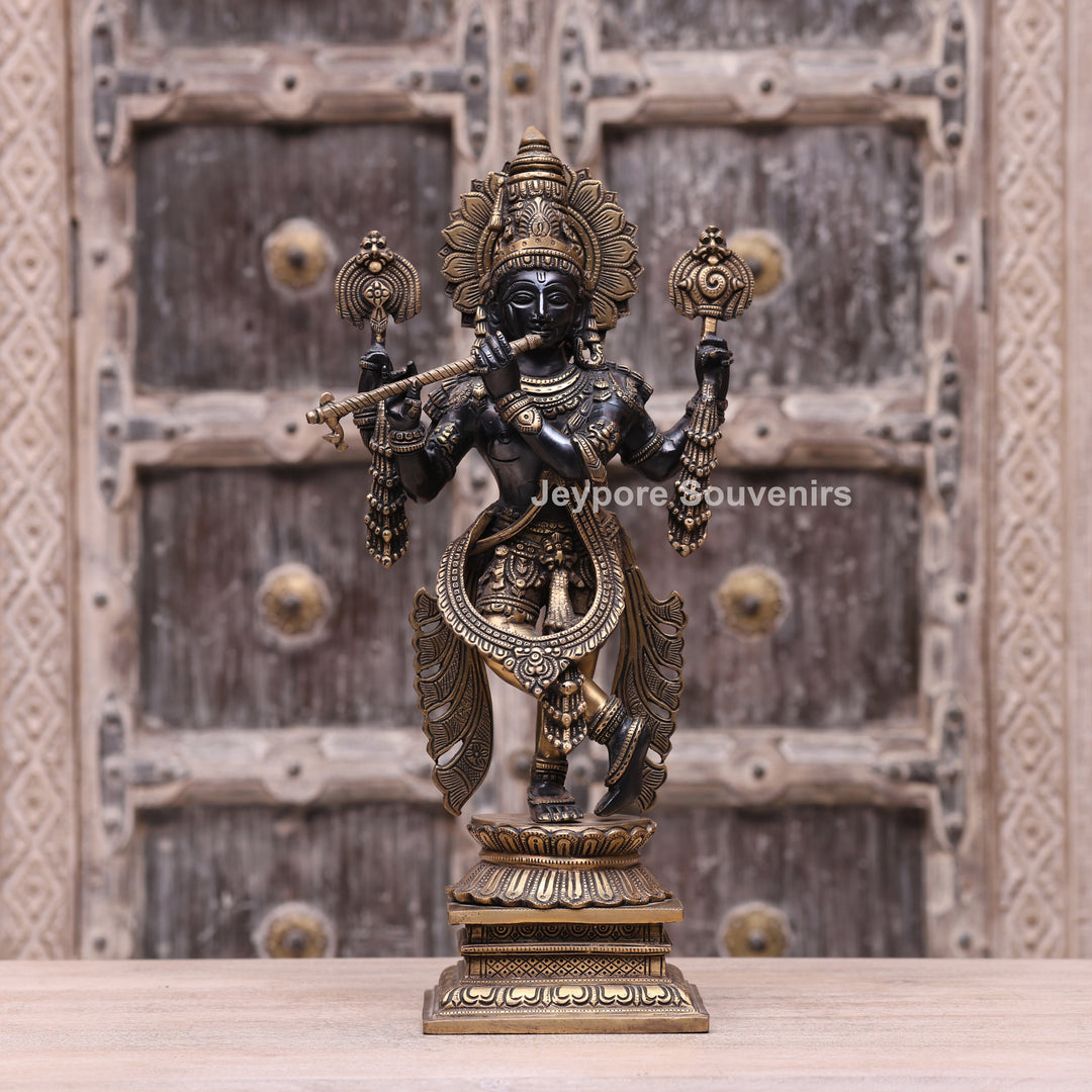19" Handcrafted Brass Krishna Statue with Flute – Traditional Indian Art