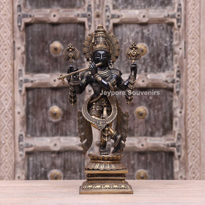 19" Handcrafted Brass Krishna Statue with Flute – Traditional Indian Art