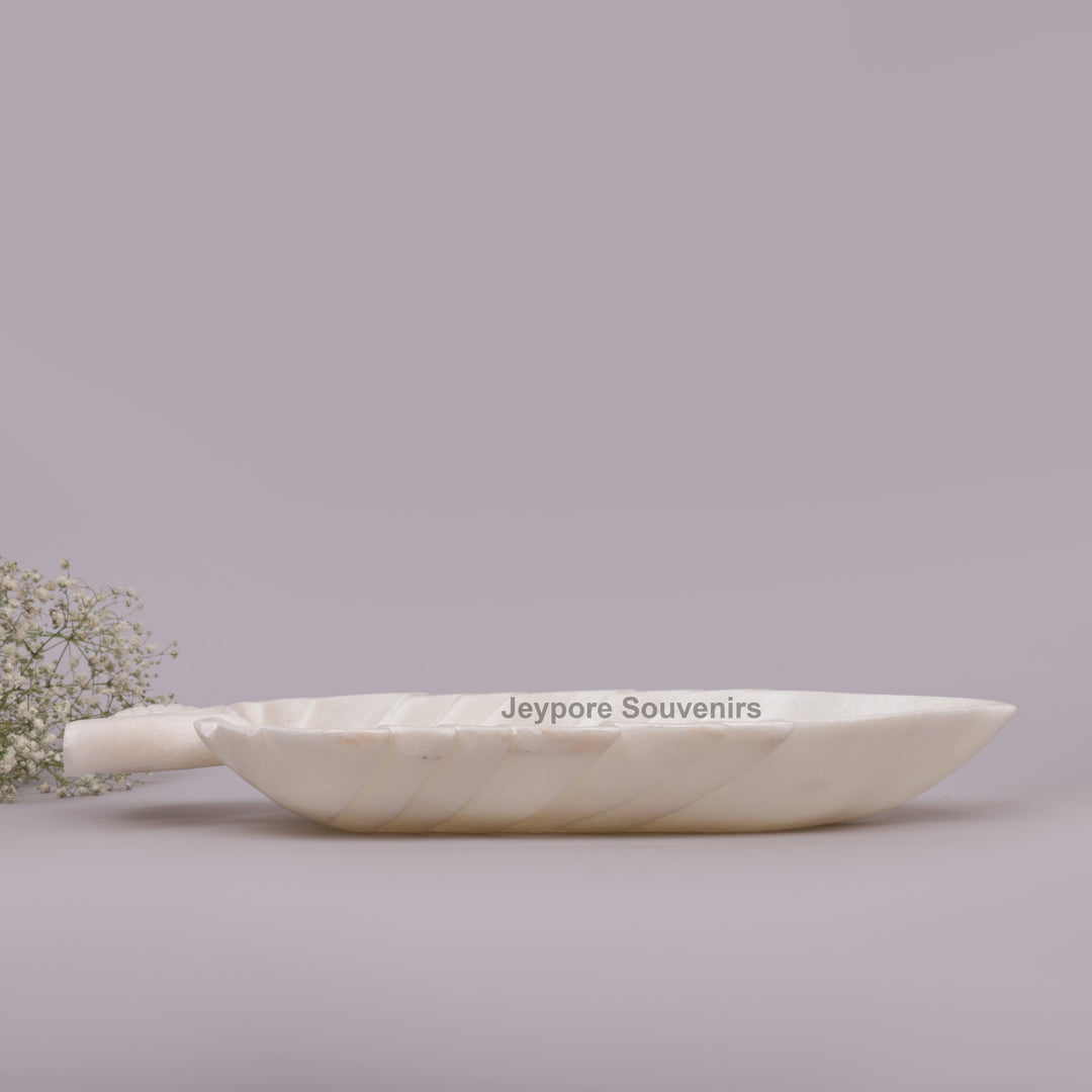 Handcrafted White Marble Leaf-Shaped Decorative Platter with Vein Carving