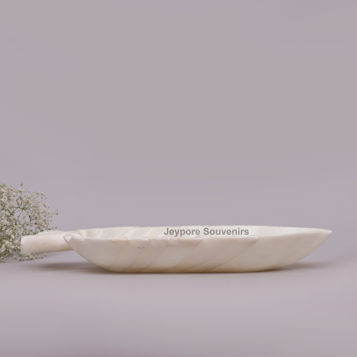 Handcrafted White Marble Leaf-Shaped Decorative Platter with Vein Carving