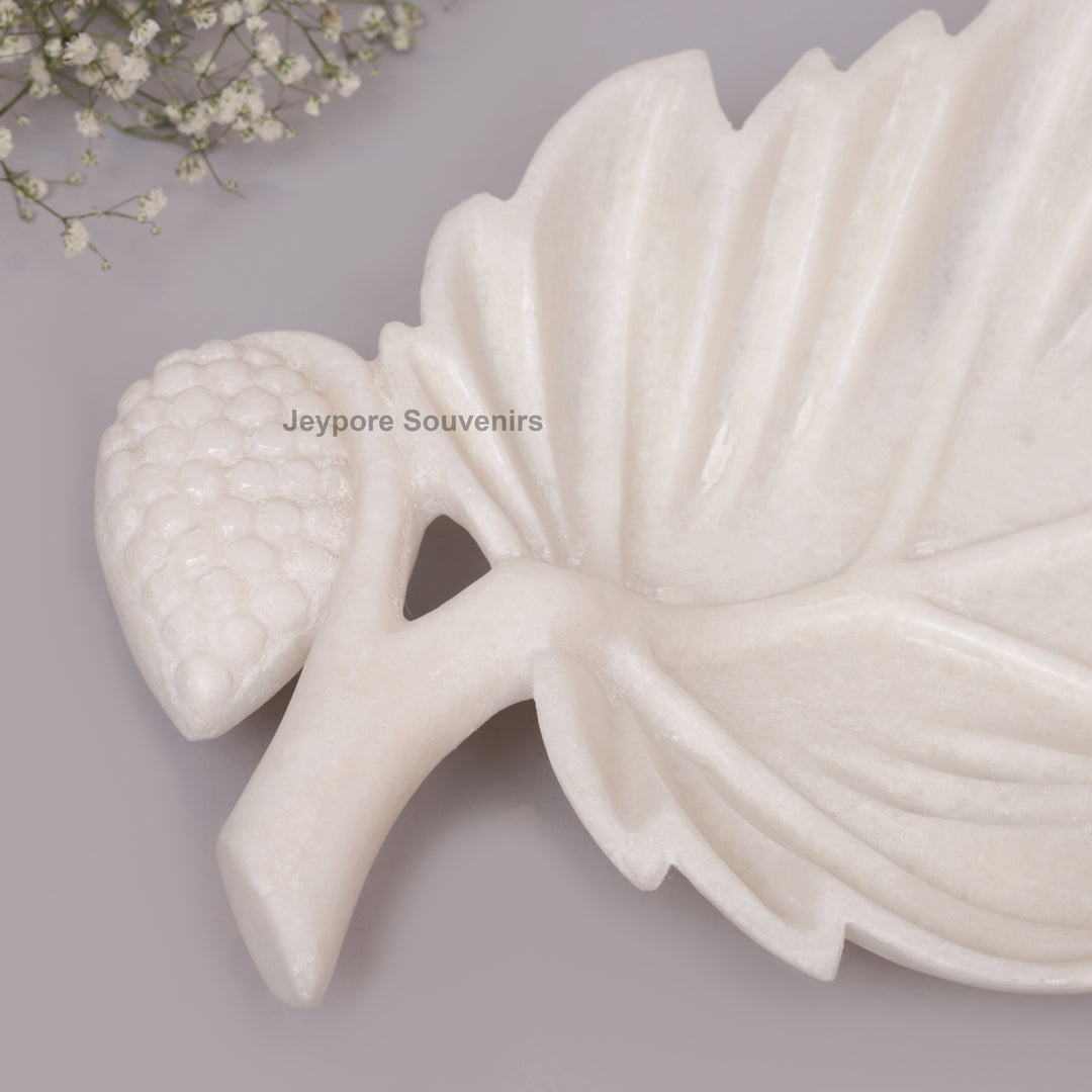 Handcrafted White Marble Leaf-Shaped Decorative Platter with Vein Carving