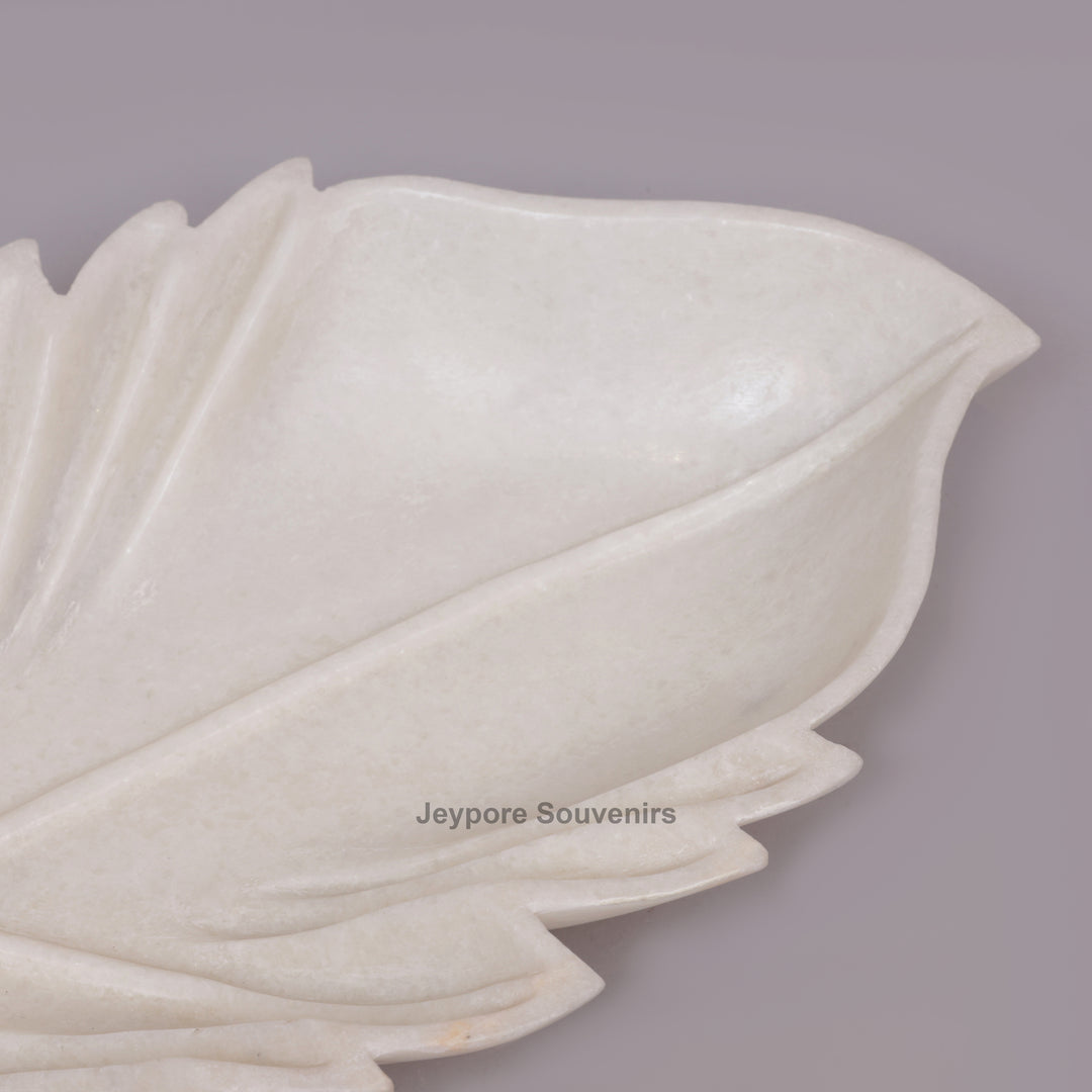 Handcrafted White Marble Leaf-Shaped Decorative Platter with Vein Carving