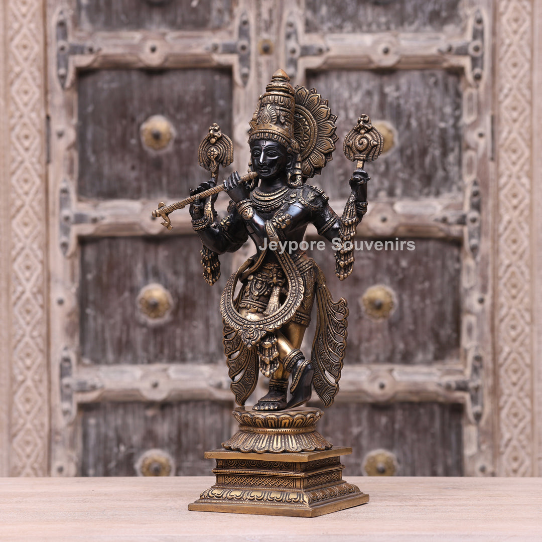 19" Handcrafted Brass Krishna Statue with Flute – Traditional Indian Art
