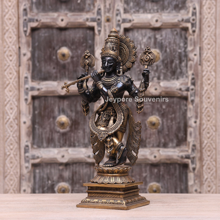 19" Handcrafted Brass Krishna Statue with Flute – Traditional Indian Art