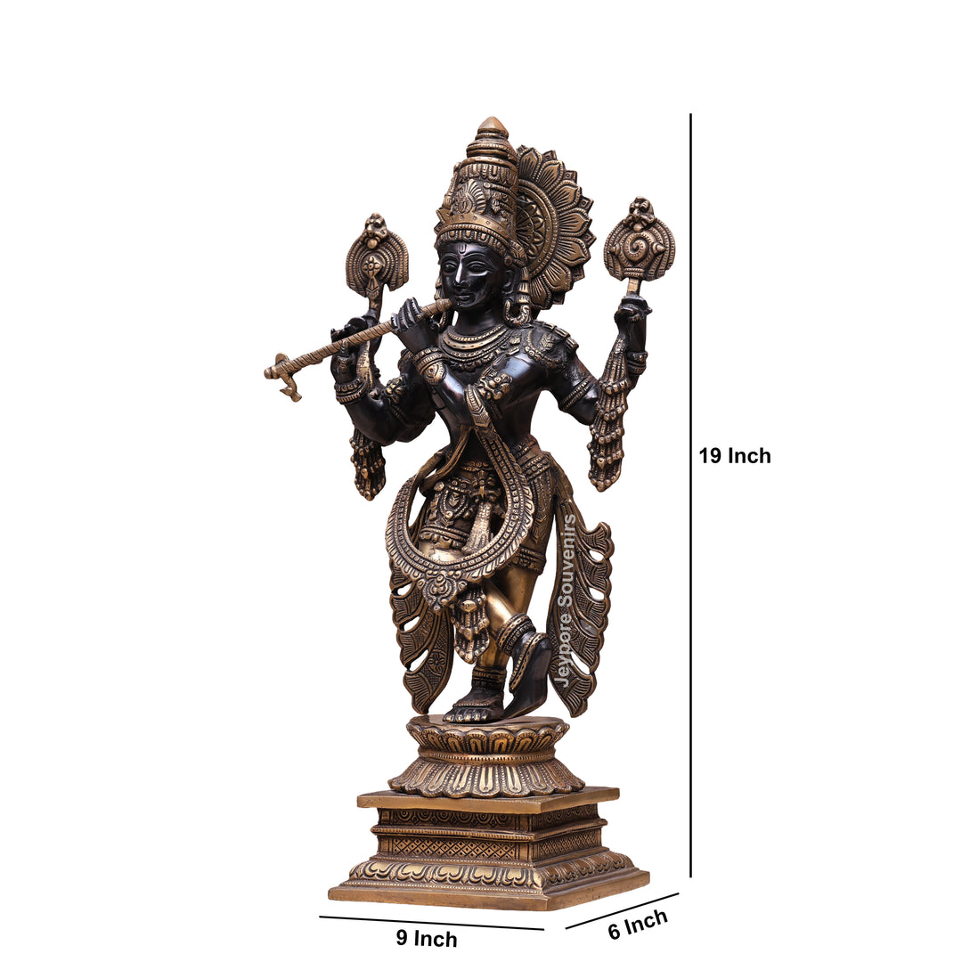 19" Handcrafted Brass Krishna Statue with Flute – Traditional Indian Art