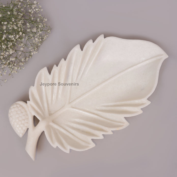 Handcrafted White Marble Leaf-Shaped Decorative Platter with Vein Carving