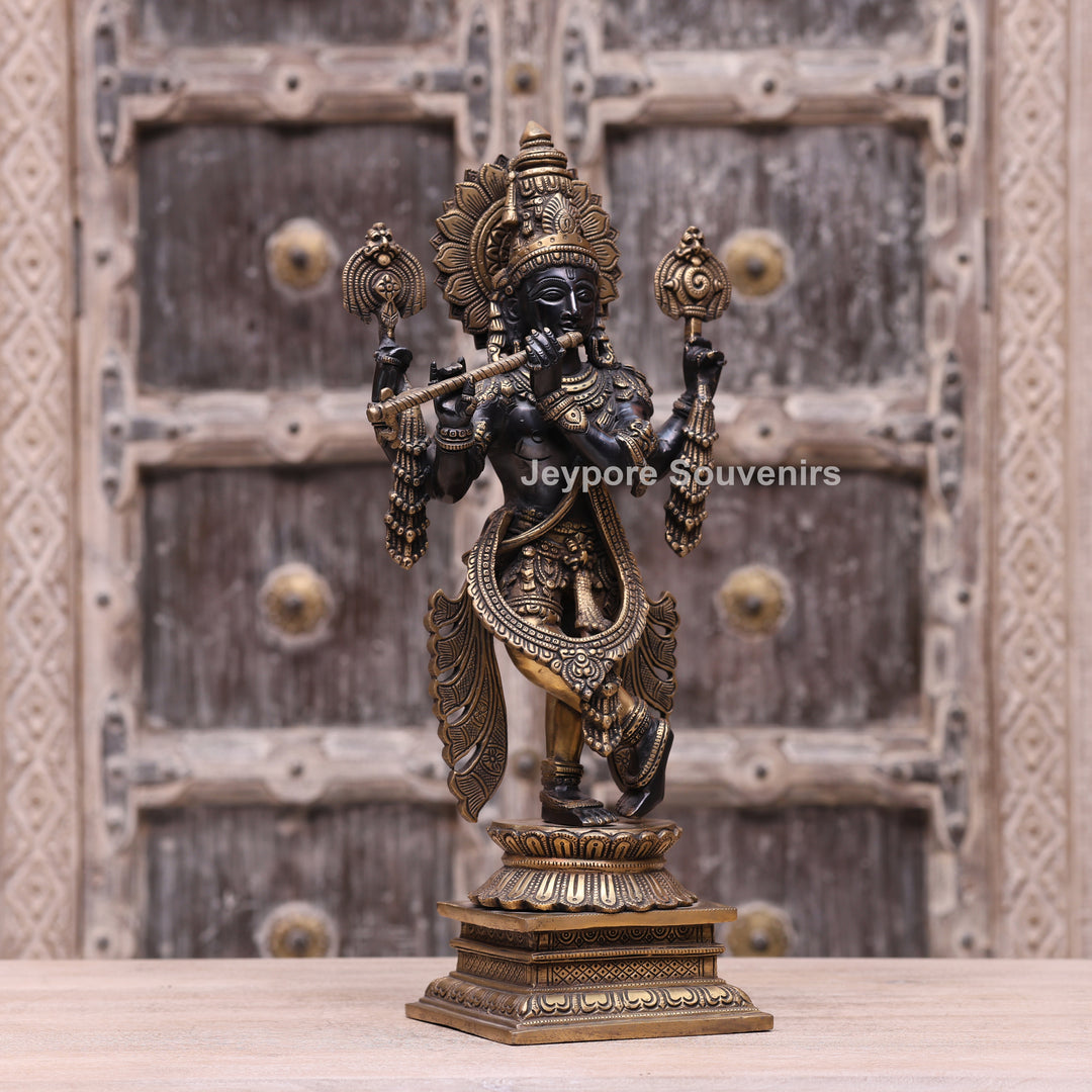19" Handcrafted Brass Krishna Statue with Flute – Traditional Indian Art