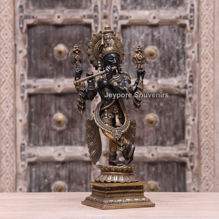 19" Handcrafted Brass Krishna Statue with Flute – Traditional Indian Art