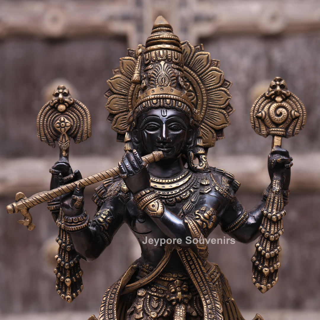 19" Handcrafted Brass Krishna Statue with Flute – Traditional Indian Art