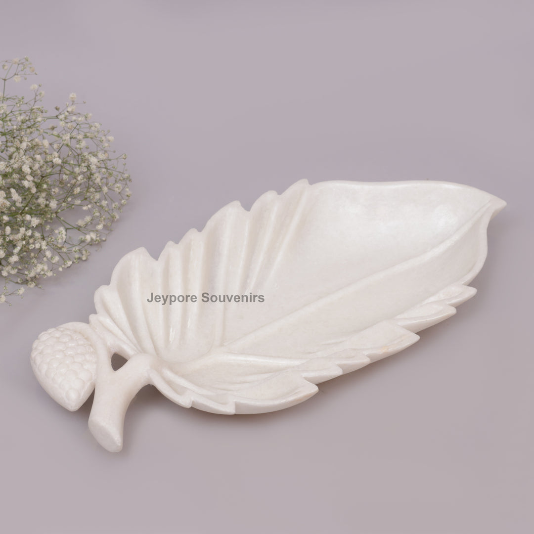 Handcrafted White Marble Leaf-Shaped Decorative Platter with Vein Carving