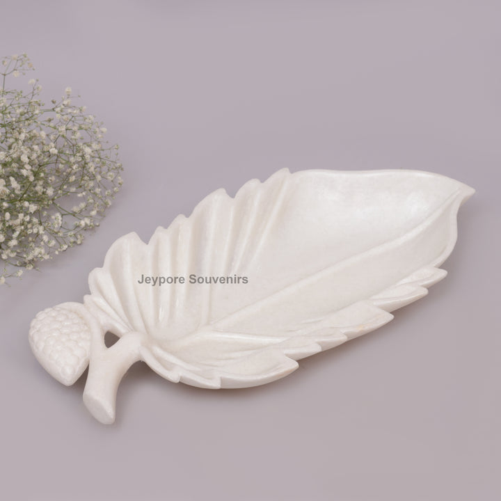 Handcrafted White Marble Leaf-Shaped Decorative Platter with Vein Carving