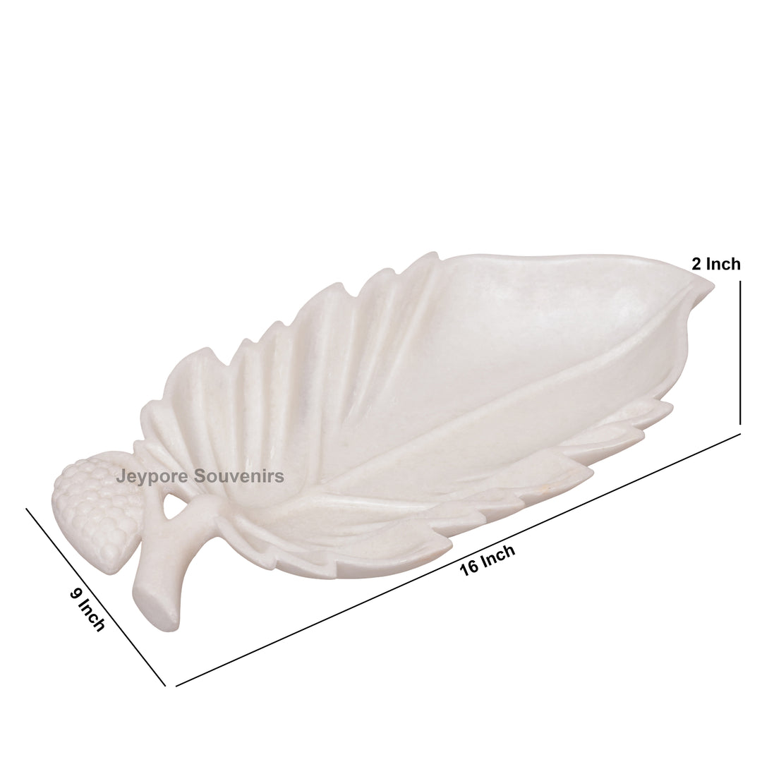 Handcrafted White Marble Leaf-Shaped Decorative Platter with Vein Carving