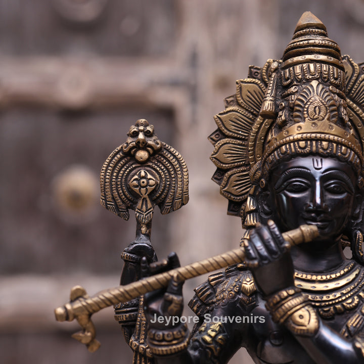 19" Handcrafted Brass Krishna Statue with Flute – Traditional Indian Art