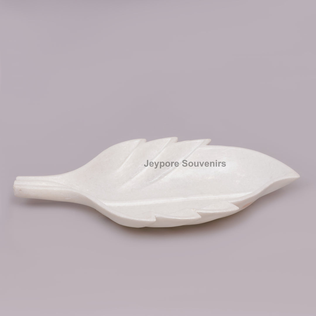 White Marble Decorative Leaf Bowl with carved vein details