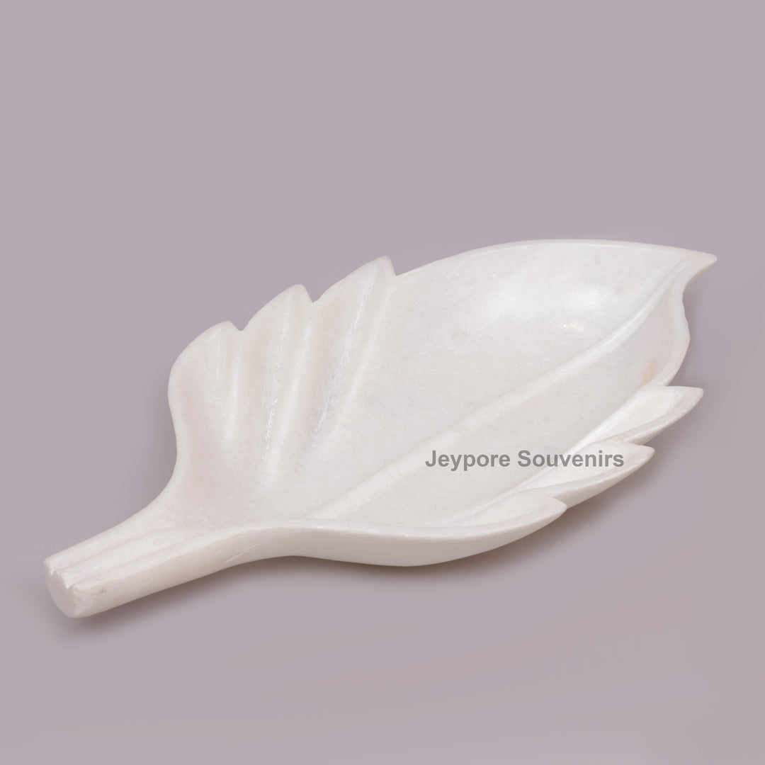 White Marble Decorative Leaf Bowl with carved vein details