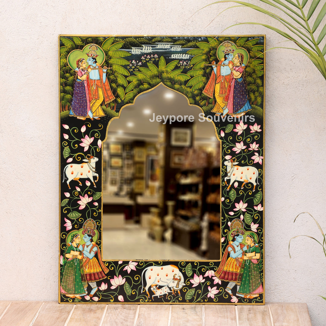 Hand-Painted Radha Krishna Pichwai Wooden Jharokha Wall Mirror