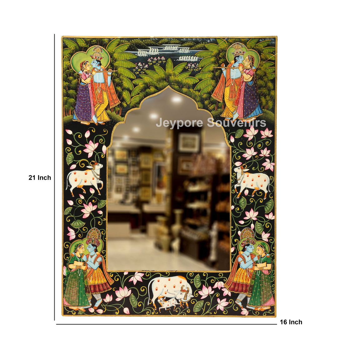 Hand-Painted Radha Krishna Pichwai Wooden Jharokha Wall Mirror