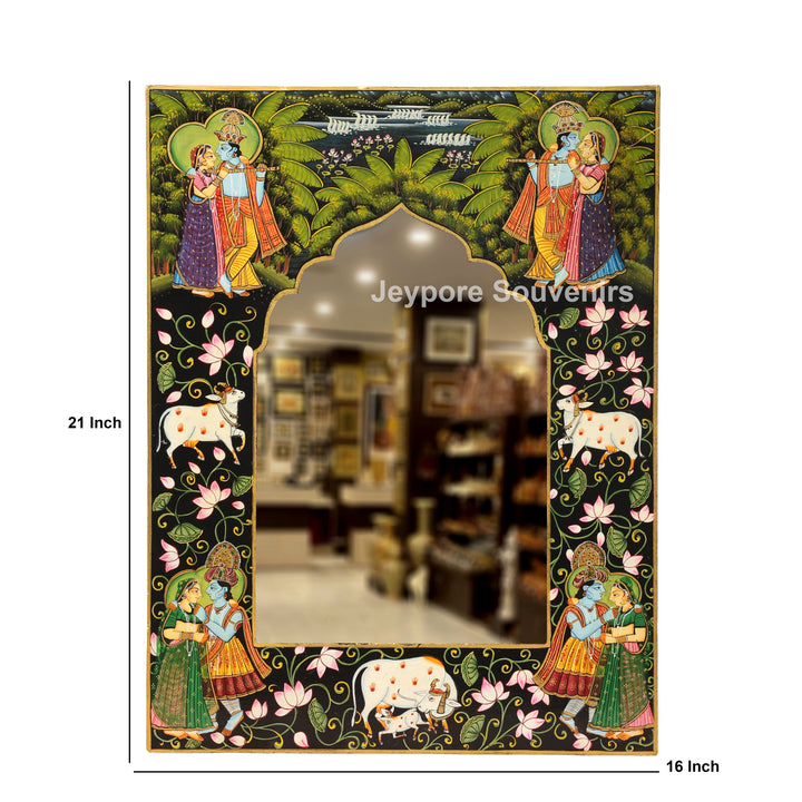 Hand-Painted Radha Krishna Pichwai Wooden Jharokha Wall Mirror
