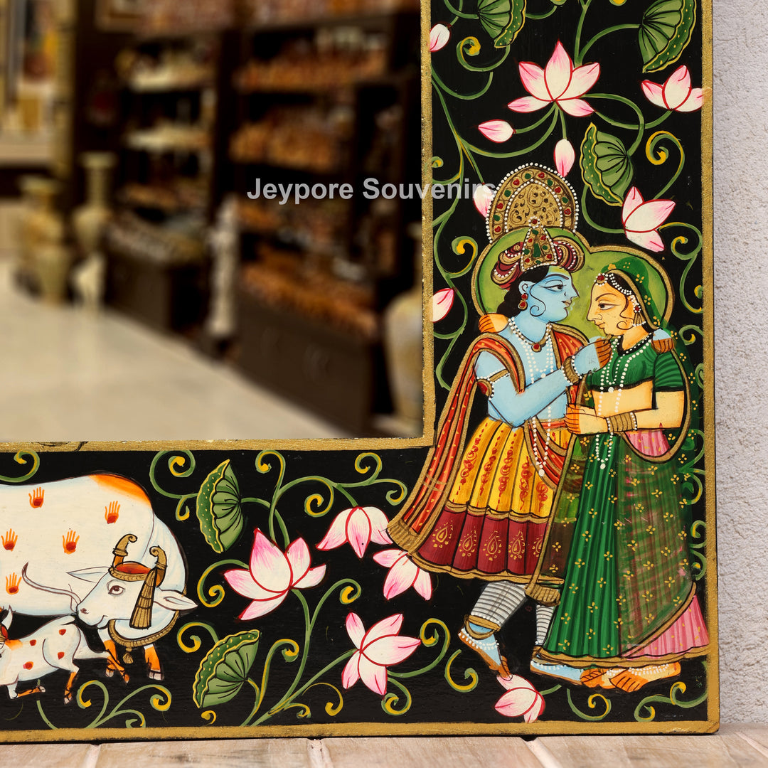 Hand-Painted Radha Krishna Pichwai Wooden Jharokha Wall Mirror