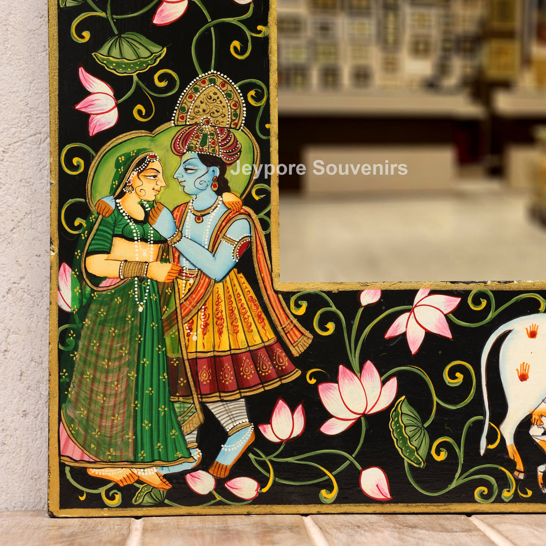 Hand-Painted Radha Krishna Pichwai Wooden Jharokha Wall Mirror