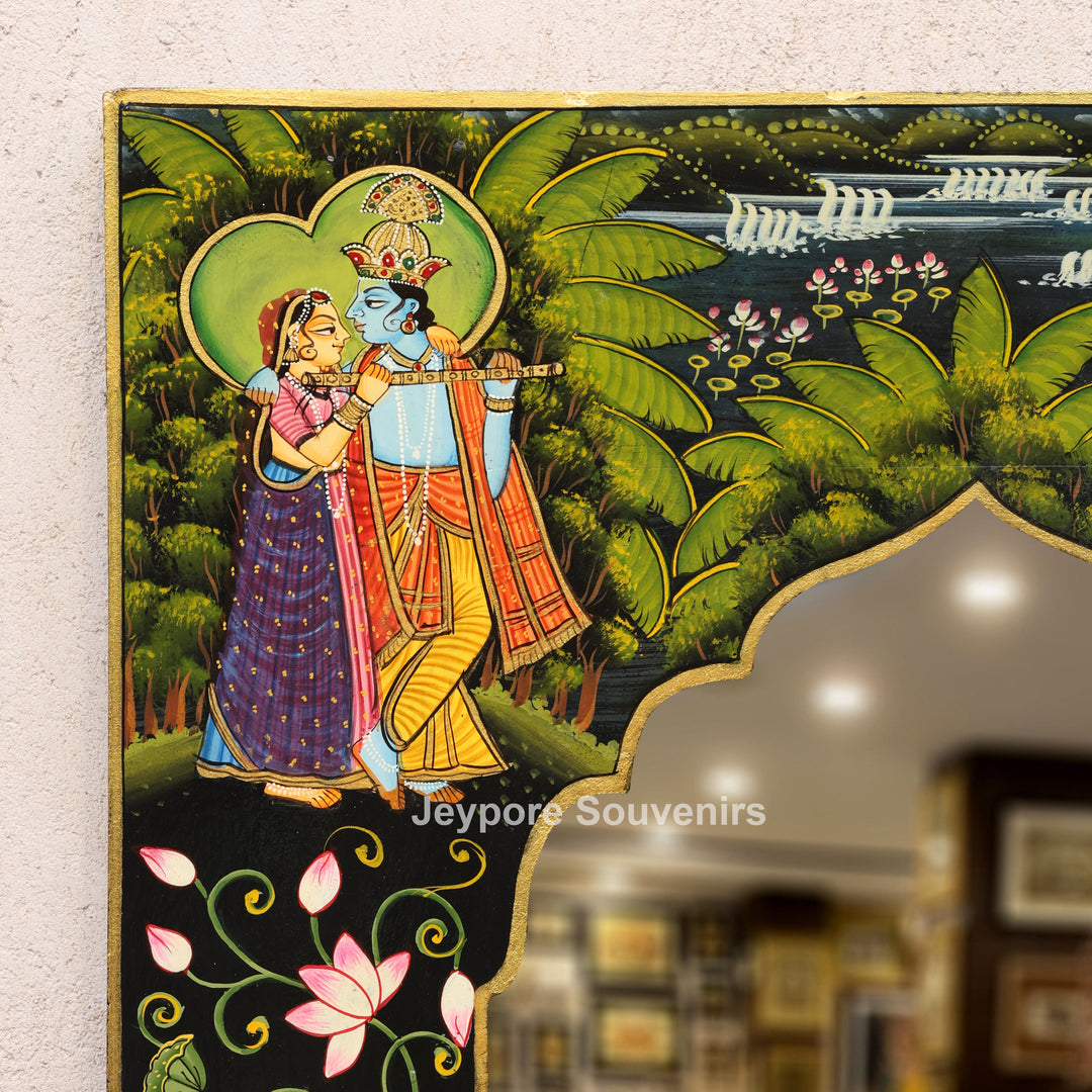 Hand-Painted Radha Krishna Pichwai Wooden Jharokha Wall Mirror