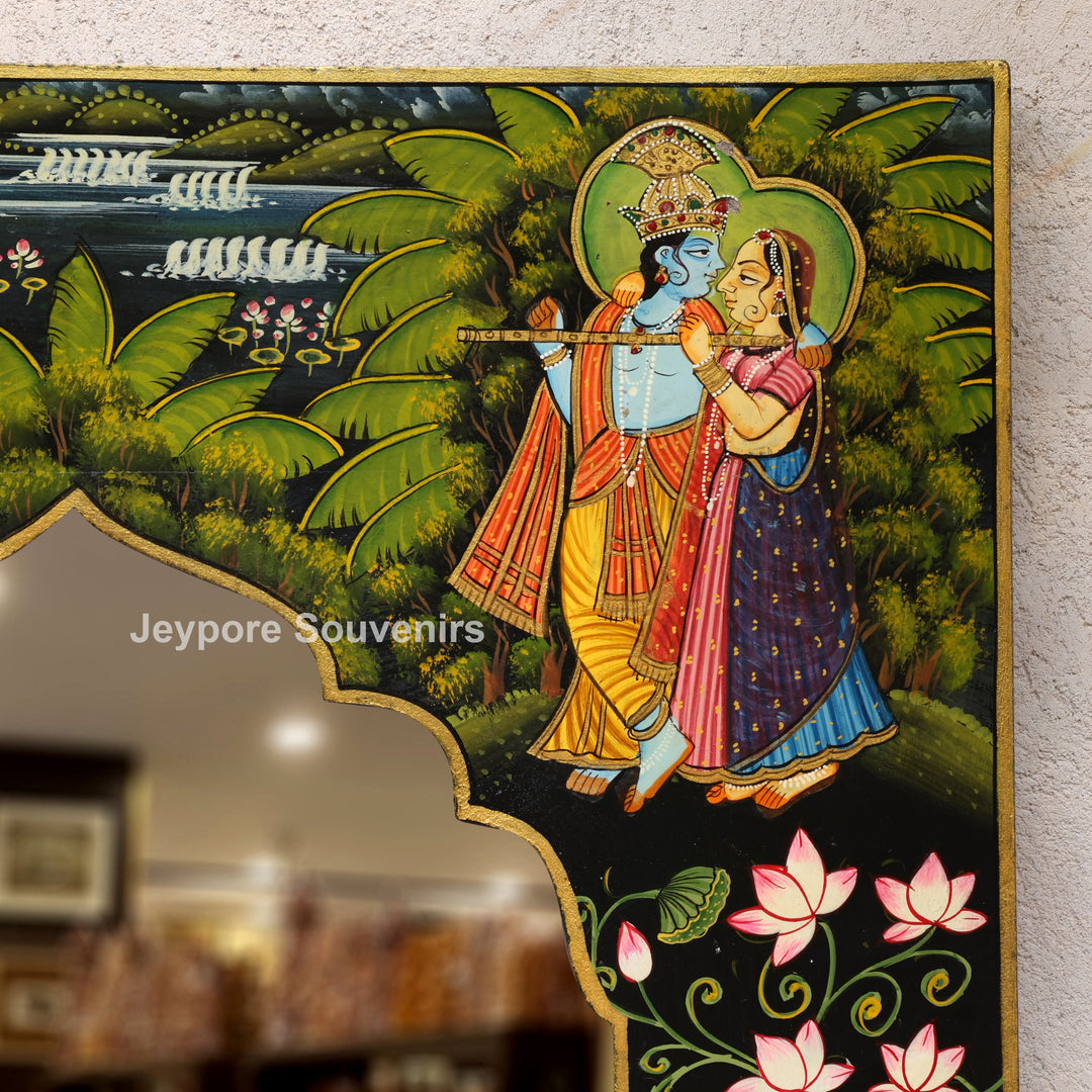 Hand-Painted Radha Krishna Pichwai Wooden Jharokha Wall Mirror