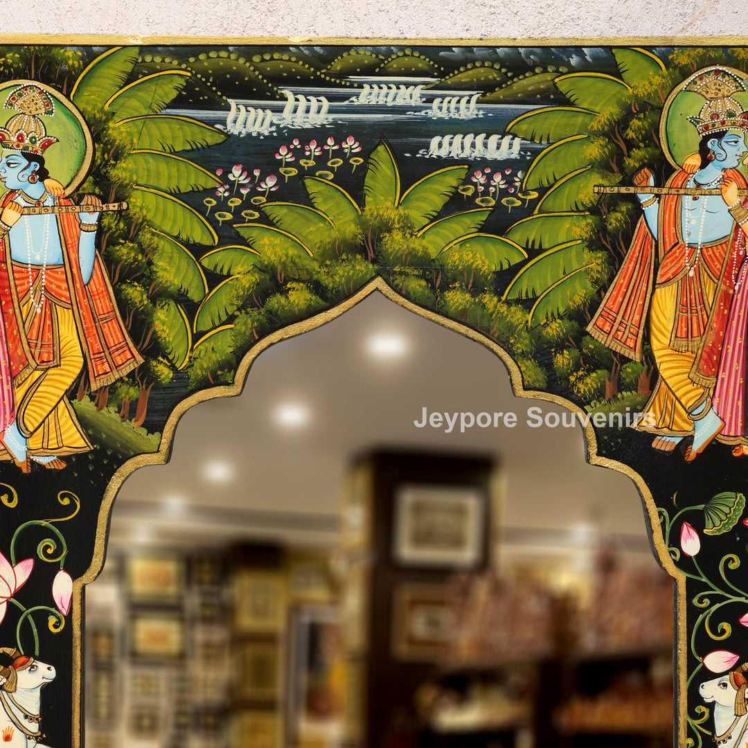 Hand-Painted Radha Krishna Pichwai Wooden Jharokha Wall Mirror