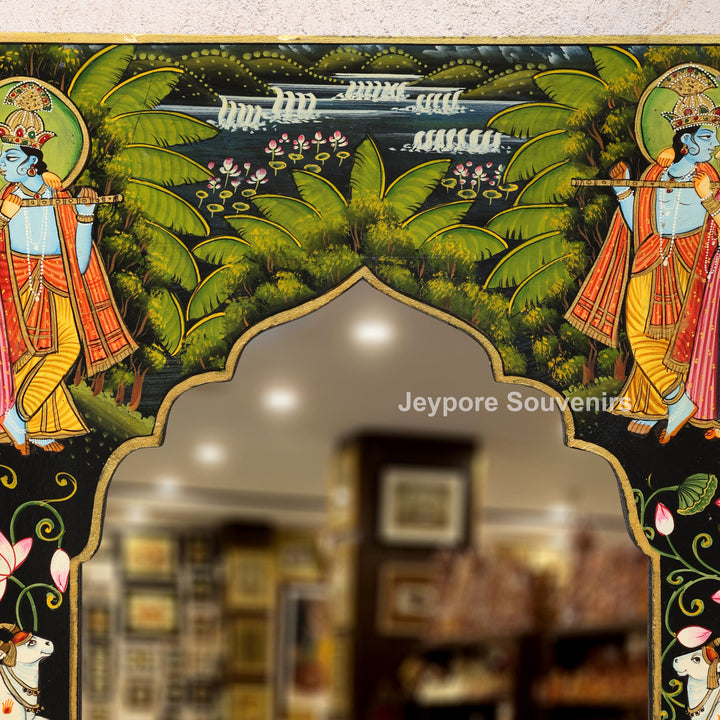 Hand-Painted Radha Krishna Pichwai Wooden Jharokha Wall Mirror