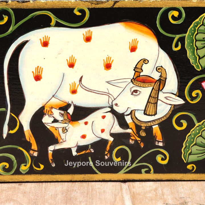Hand-Painted Radha Krishna Pichwai Wooden Jharokha Wall Mirror
