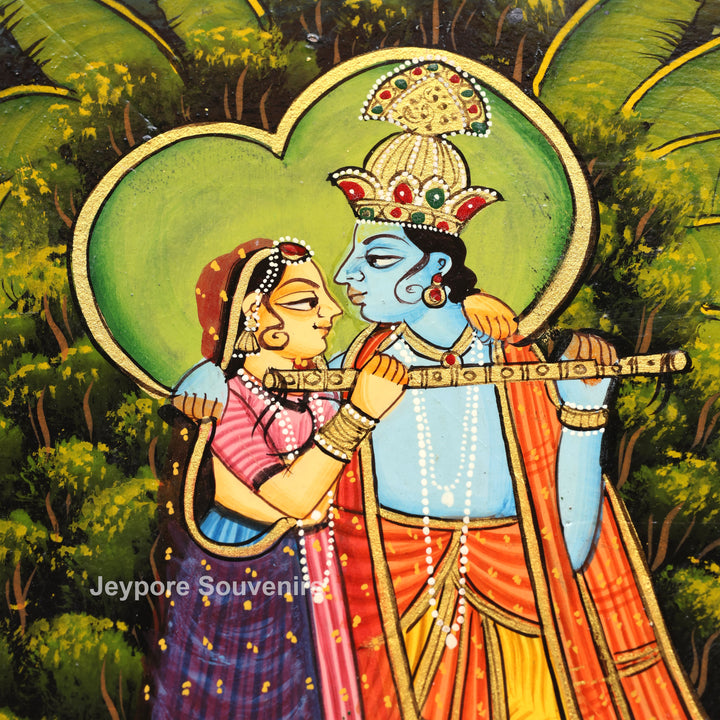 Hand-Painted Radha Krishna Pichwai Wooden Jharokha Wall Mirror