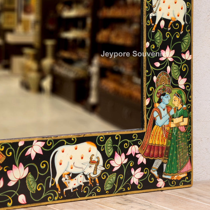 Hand-Painted Radha Krishna Pichwai Wooden Jharokha Wall Mirror