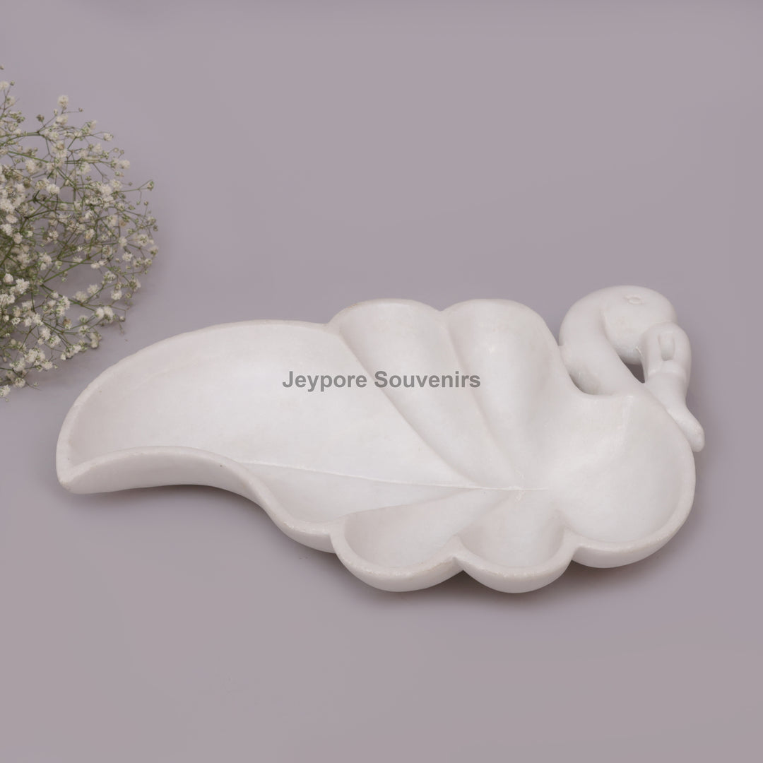Handcrafted White Marble Swan-Shaped Urli Bowl with Carved Design