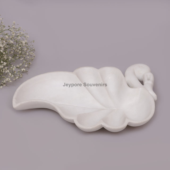 Handcrafted White Marble Swan-Shaped Urli Bowl with Carved Design