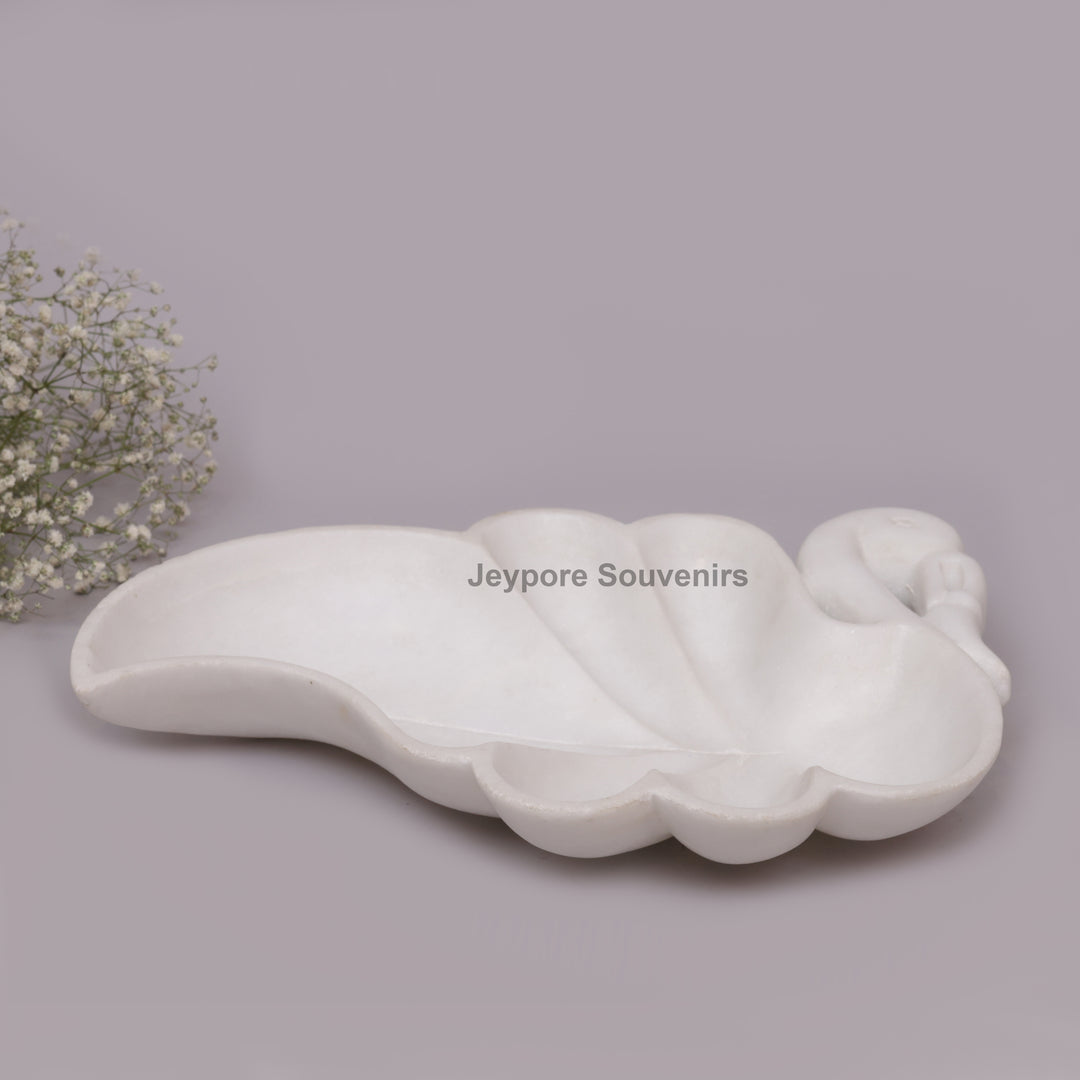 Handcrafted White Marble Swan-Shaped Urli Bowl with Carved Design