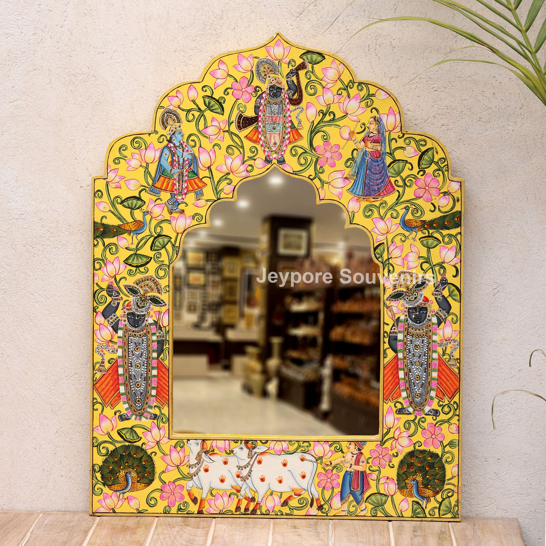Shrinathji Pichwai Wooden Jharokha Wall Mirror with Lotus, Peacock &amp; Cow Artwork